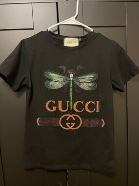 Gucci Black Tee with Green Dragonfly and Gold Logo